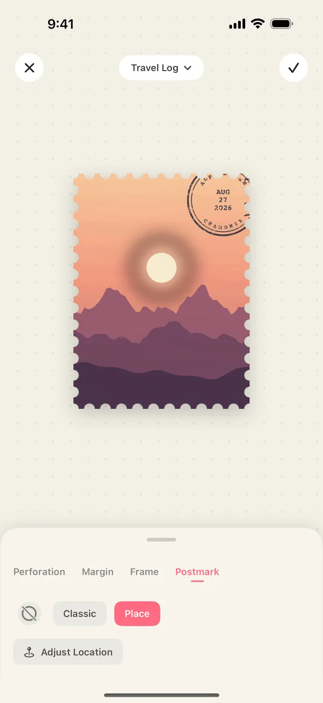 The postmark tab of InStamp's editor: the postmark style switcher along the bottom, and a postmark being dragged across a stamp of a mountain at sunrise.